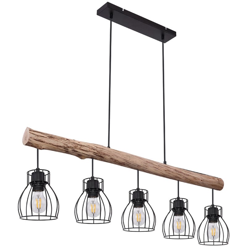 Suspension design en bois avec abat-jour grillagé Suspension avec poutres en bois 5 flammes, métal noir, bois naturel, 5x E27 max 40 watts, LxlxH