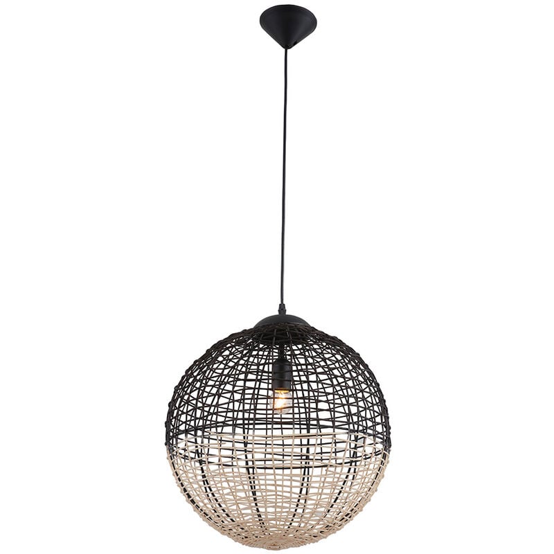 Sampa - Suspension design Eros 130cm réglable métal noir et rotin led