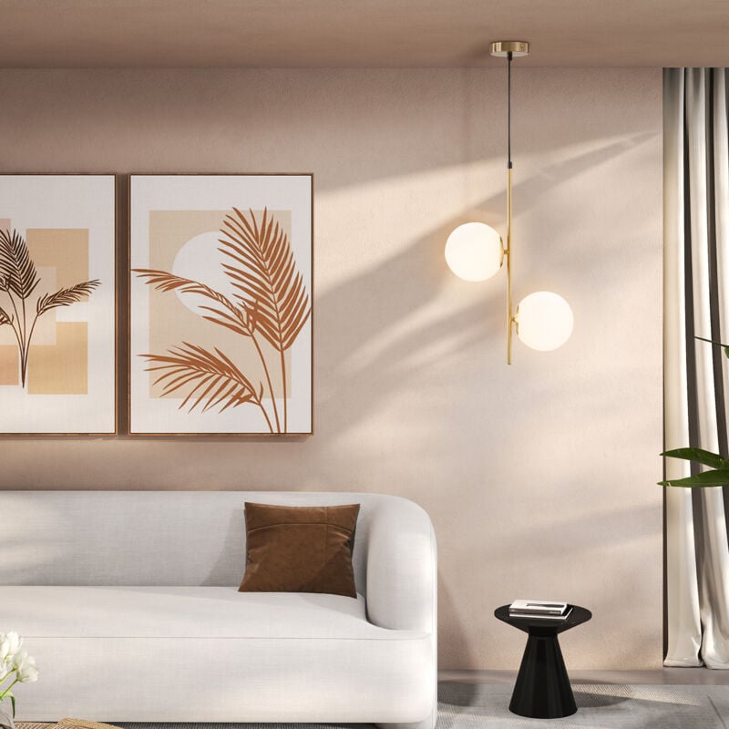 Homcom - Suspension design néo-rétro 2 globes verre blanc opaque max. 40W métal doré