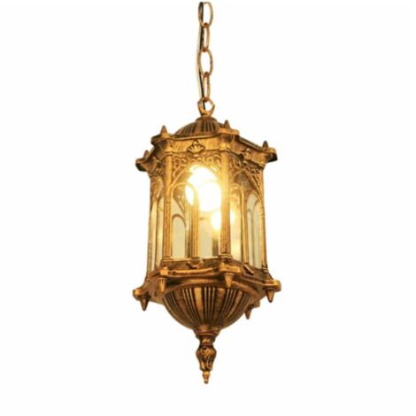 Suspension d'extérieur vintage, lampe suspendue en métal doré antique, applique étanche pour porche, avec panneau acrylique transparent, éclairage extérieur élégant, convient aux jardins, patios et ga