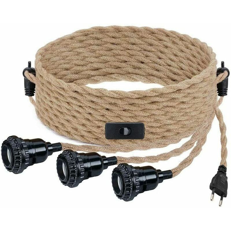 Suspension DIY avec corde de chanvre, cable textile, lampe suspendue 3×E27 avec interrupteur et fiche, lampe rétro 9 mètres de cable, lampe pour