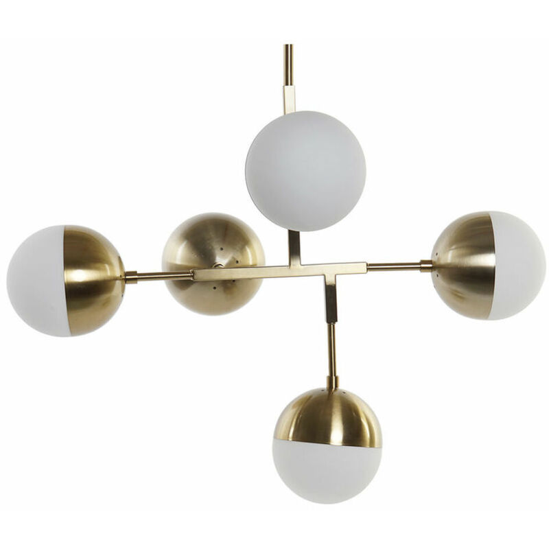 Dt LA-164658 Plafonnier métal et verre 5 boules, blanc/doré, 74 x 52 x 168 cm