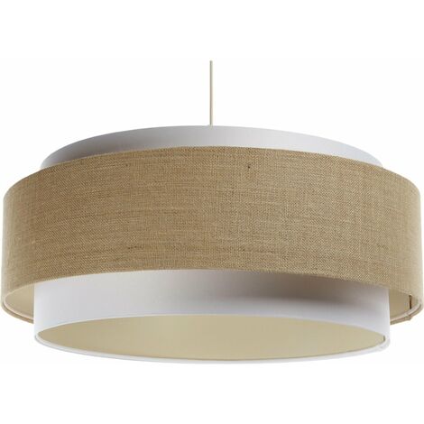 Suspension Doblo - Abat-jour en tissu satiné chanvre beige clair et PVC lisse blanc intérieur crème