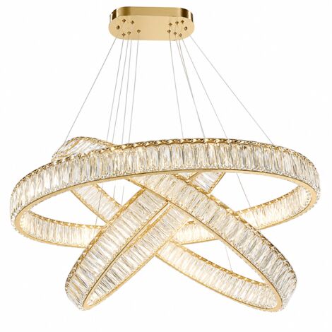 Suspension dorée LED en cristal, design moderne anneau, couleur de lumière en 3 niveaux, lampe de salon