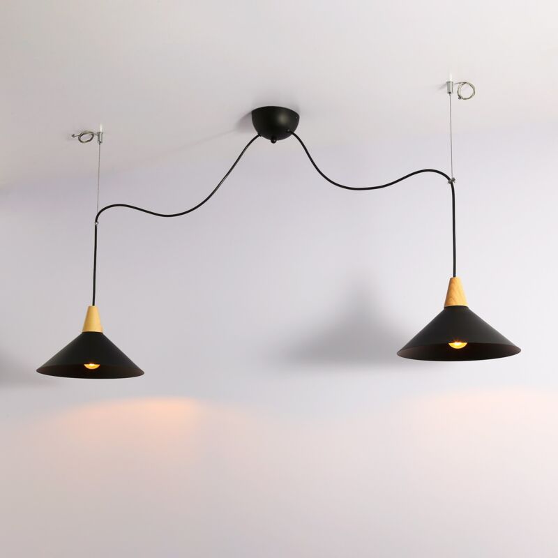 Barcelona Led - Double lampe suspendue en métal et bois 'Selroom' - Noir - 2xE27