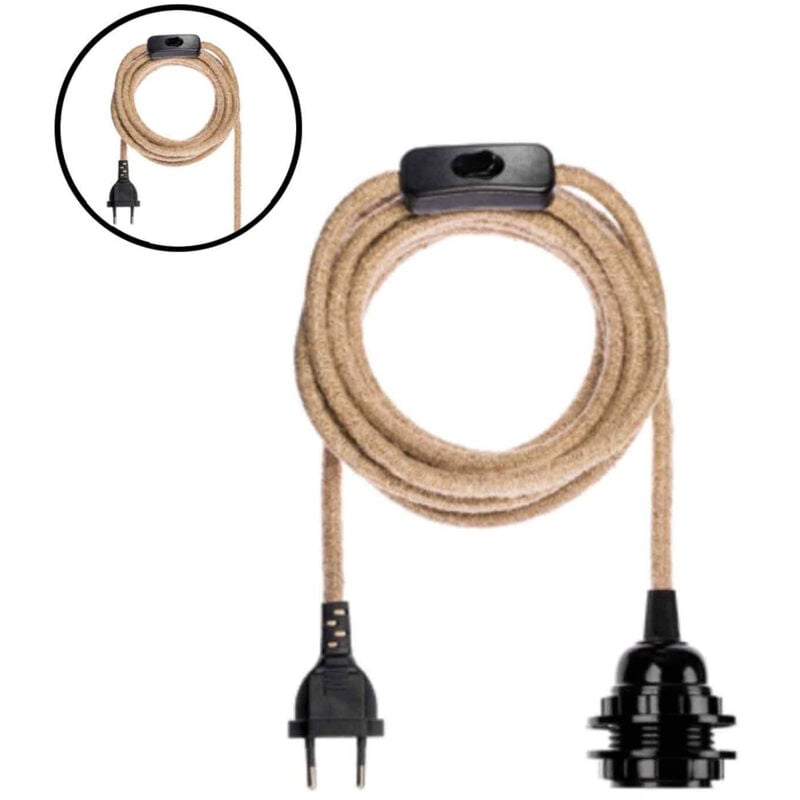 Opjet - Suspension Douille E27 pvc noire avec cordon naturel et prise