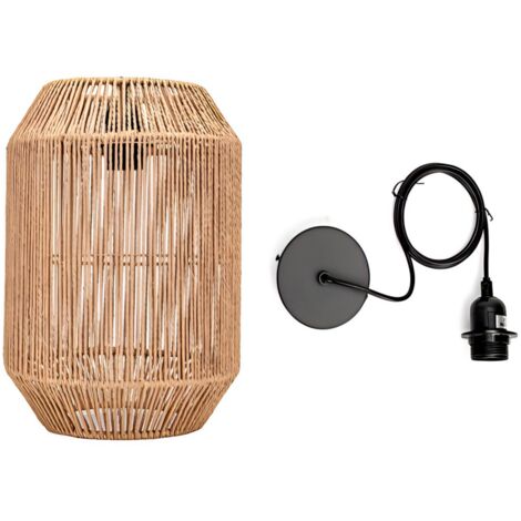 Suspension E27 en corde avec finition bois naturel (ampoule non incluse) – Lampe décorative tressée à la main