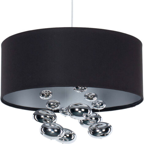 Suspension élégante textile noir et boules décoratives argentées - Ø 50 cm - H18 cm