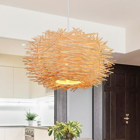Suspension en Bambou Bohème 30cm x 17cm, Lampe en Rotin Tressé Naturel, Abat-jour E27 Vintage pour Restaurant Salon Cuisine Café (Ampoule non incluse)