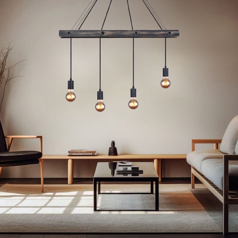 Suspension en bois, 4 flammes, lampe de table à manger noir mat, 4x E27, LxPxH 90x9x120cm, salon, salle à manger