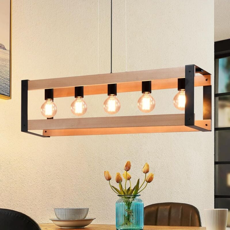 Suspension en bois vintage avec 5 lumières Gbly Lampe suspendue en métal noir pour table à manger, lampe industrielle avec douille E27 pour salle à