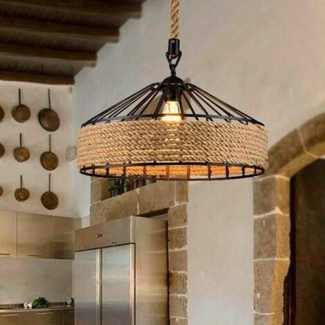 Suspension en corde de chanvre - Noir - Ø30 cm - E27 - Design rétro - Éclairage intérieur