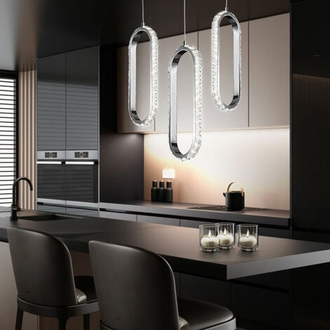 Suspension en cristal, table à manger LED dimmable, aspect cristal réglable en hauteur, métal chromé, 1x LED 12W 1100Lm 3000K, LxlxH 33,5x13x150cm, lot de 3