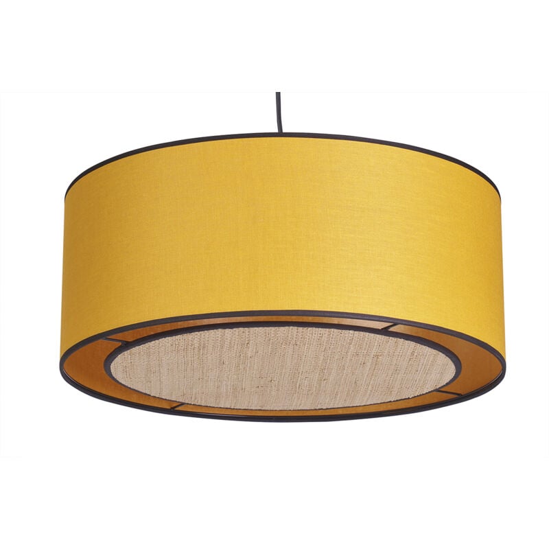 Miliboo - Suspension cylindrique en lin jaune moutarde et rabane naturelle D50 cm traves