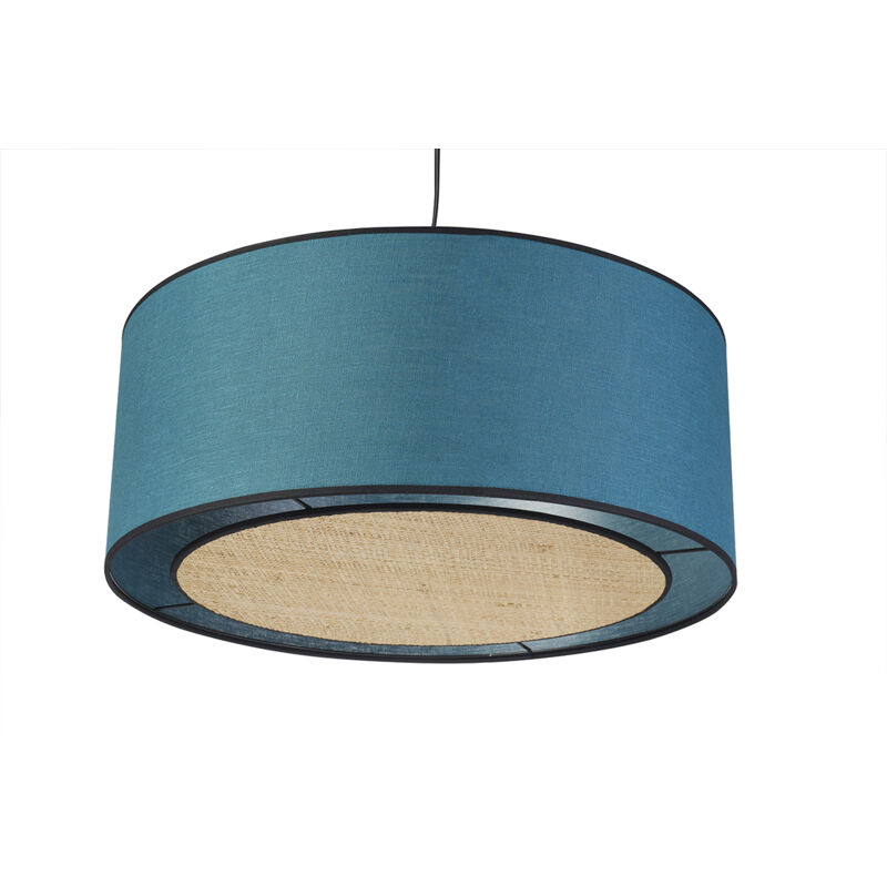 Suspension cylindrique en lin bleu paon et rabane naturelle D50 cm TRAVES Suspension cylindrique en lin bleu paon et rabane naturelle D50 cm TRAVES