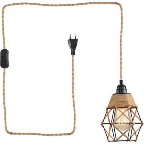 Suspension en rotin avec prise et câble de 1.8 m, abat-jour vintage avec corde de chanvre pour cuisine, balcon, allée