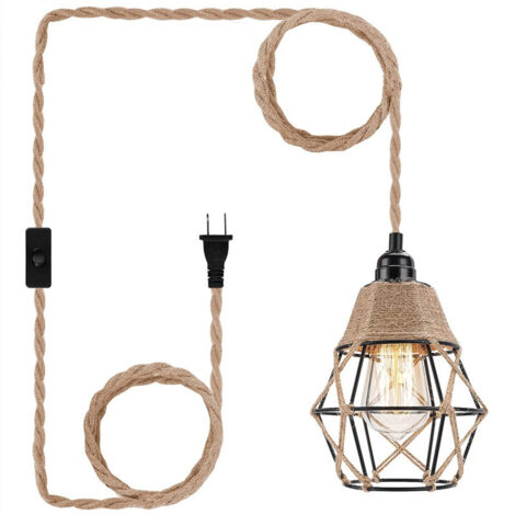 Suspension en rotin avec prise et câble de 4,5 m, abat-jour vintage avec corde de chanvre E27 pour cuisine, balcon, allée
