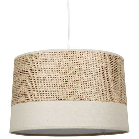 Suspension en tissu beige et rotin – Diamètre 33 cm – Hauteur 22 cm – Douille E27 – Cordon blanc réglable – Ostaria