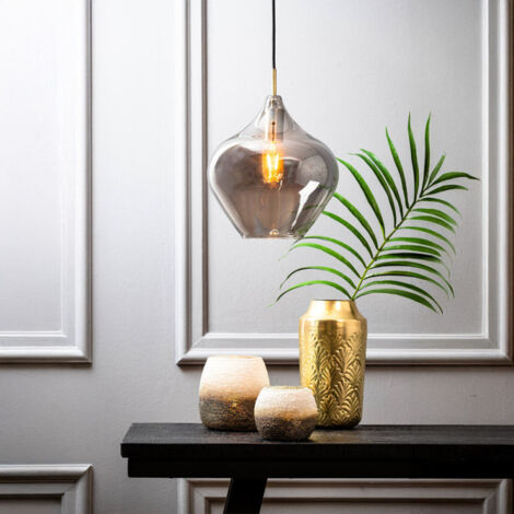 Suspension en verre fumé 27cm – Support laiton antique – Hauteur 29,5cm – Pour ampoule E27 25W max – Lustre design contemporain – Millumine