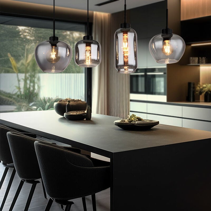 Globo - Suspension en verre fumé, lampe de salle à manger en verre noir, métal, 4x douilles E27, LxPxH 99,5x24x120 cm