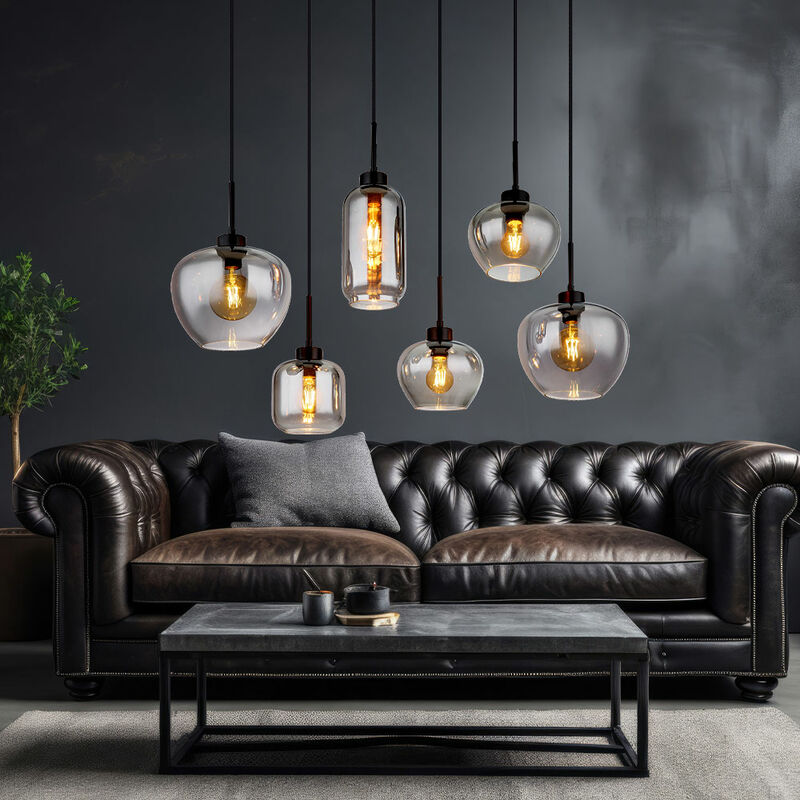 Globo - Suspension en verre fumé, lampe de salle à manger en verre noir, métal, 6x douilles E27, LxPxH 87x43x120 cm