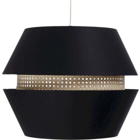 Suspension Extérieur en tissu satiné noir avec rotin naturel, intérieur crème - Noir, crème