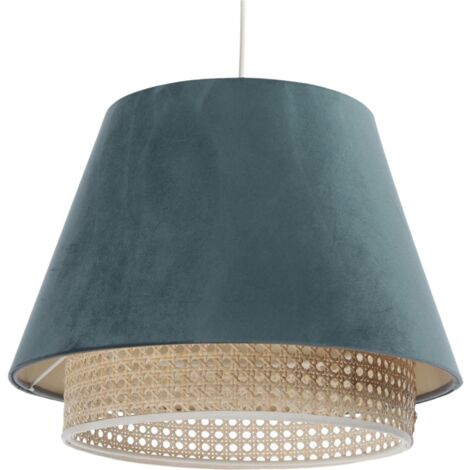 Suspension Extérieur en tissu velours bleu avec rotin naturel, intérieur crème - Bleu, crème