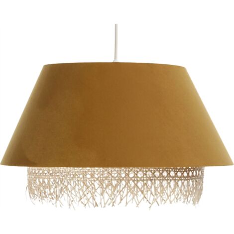 Suspension Extérieur en velours jaune orangé avec rotin naturel, intérieur crème - Jaune orangé, crème
