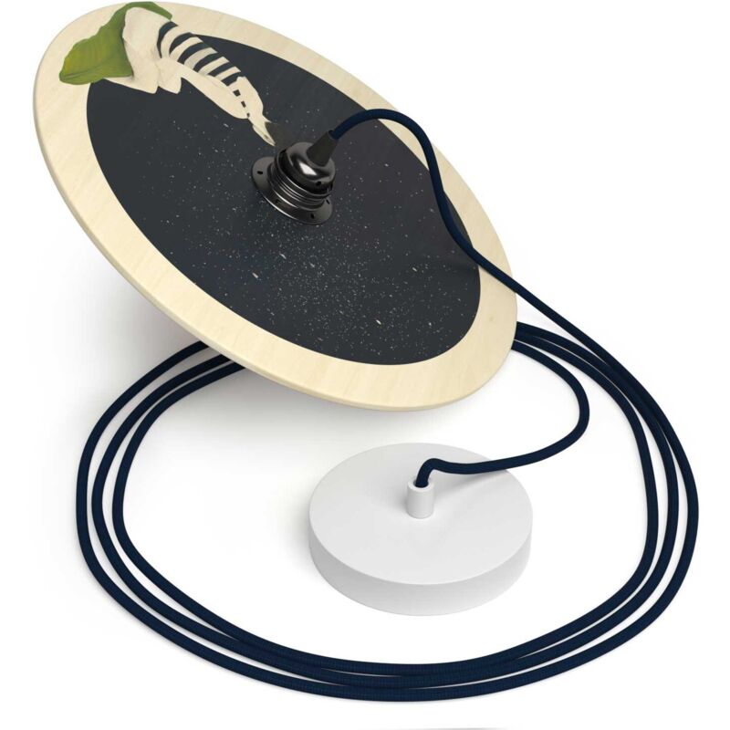 creative cables - Lampe suspendue fabriquée en Italie avec câble textile, abat-jour en bois double face UFO et garniture métallique