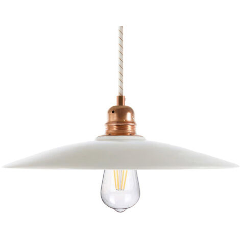 Suspension fabriquée en Italie avec câble textile, abat-jour en céramique Plat et finition en métal - complète avec ampoule  Sans ampoule - Blanc brillant - Matter ON/OFF