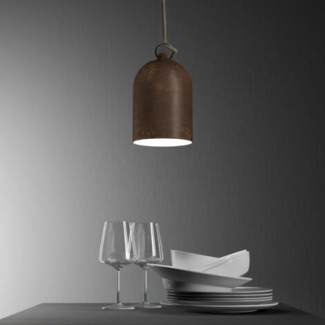 Suspension fabriquée en Italie avec câble textile, abat-jour Mini Cloche XS en céramique - complète avec ampoule  Sans ampoule - Effet corten - Blanc - Matter ON/OFF
