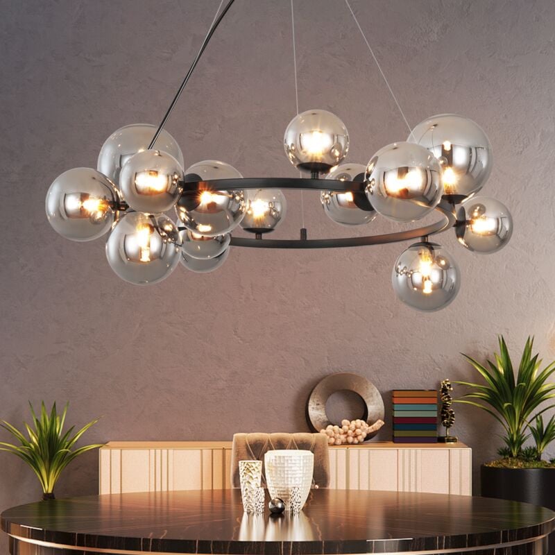 Suspension Gbly Lampe Suspendue Lampe Salon - Lampe Suspendue 14 Ampoules G9Grande Salle à Manger Lustre Gris Fumée Boule de Verre Table à Manger