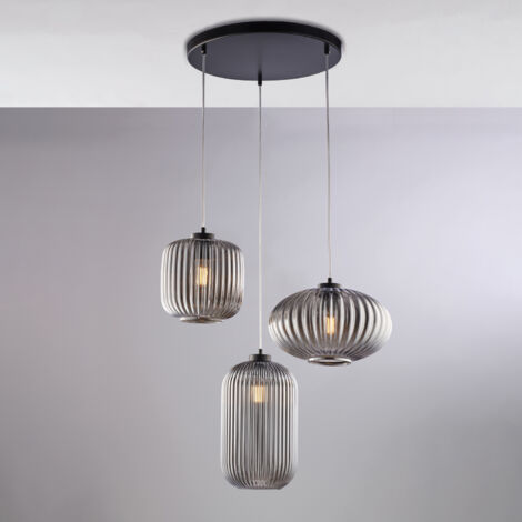 Suspension Glamour fer noir, câbles réglables, verre soufflé miroir gris décor rayé, 3 lumières, look élégant