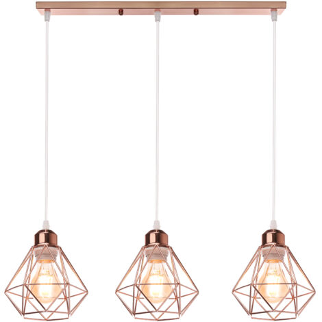 Suspension Industrielle 3 Lampes Lustre Métal Plafonnier Lumières  E27 pour Salon Cuisine Chambre Salle à Manger, Or rose