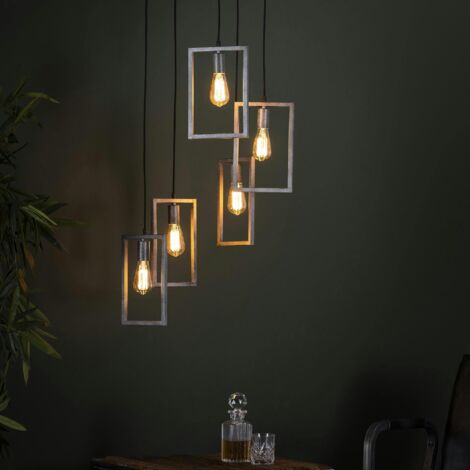 Suspension industrielle 5 lampes graphiques étagées argent vieilli RALF