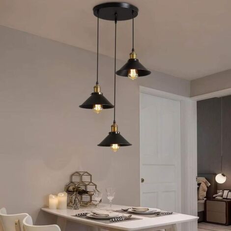 Suspension industrielle à trois têtes (noire), lumière chaude, culot E27, luminaire décoratif pour la maison, lampe de table pour îlot de cuisine