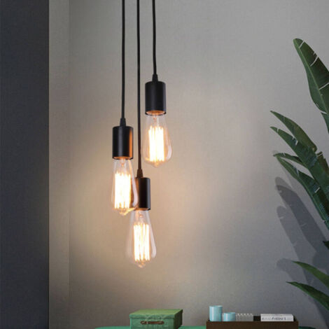 Suspension industrielle en métal noir à 3 lumières E27 – Design rétro pour cuisine et salle à manger – Hauteur réglable, installation facile