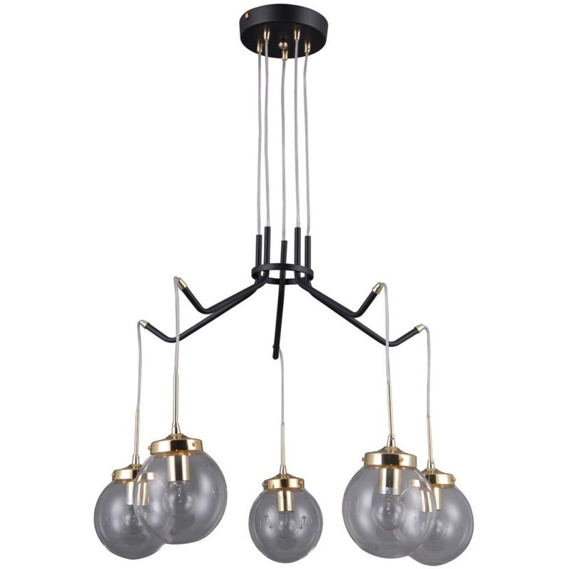 Italux Domenico - Suspension Industrielle Et Rétro Noir Mat, Or 5 Lumières Avec Abat-Jour Clair, E14 Italux Domenico - Suspension Industrielle Et Rétro Noir Mat, Or 5 Lumières Avec Abat-Jour Clair, E14