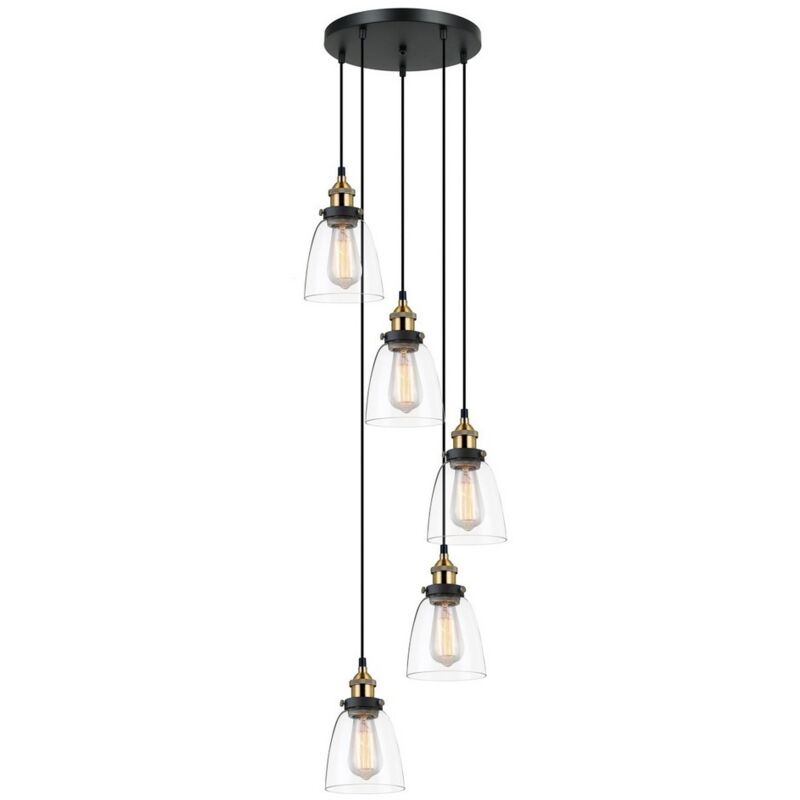 Francis - Suspension industrielle et rétro noire, or 5 lumières avec abat-jour transparent, E27 dimmable - Italux
