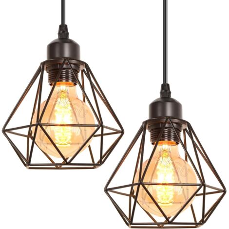 Suspension Industrielle - Lot de 2 - Métal Noir - Design Cage Géométrique - Pour Couloir Entrée - Ø 16cm
