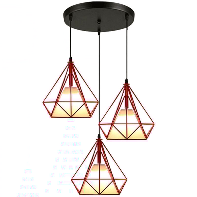 3 Lampes Suspension Vintage 25cm Lustre Suspension Fer Abat-jour en Forme Diamant Luminaire Salle à Manger Chambre Salon Rouge