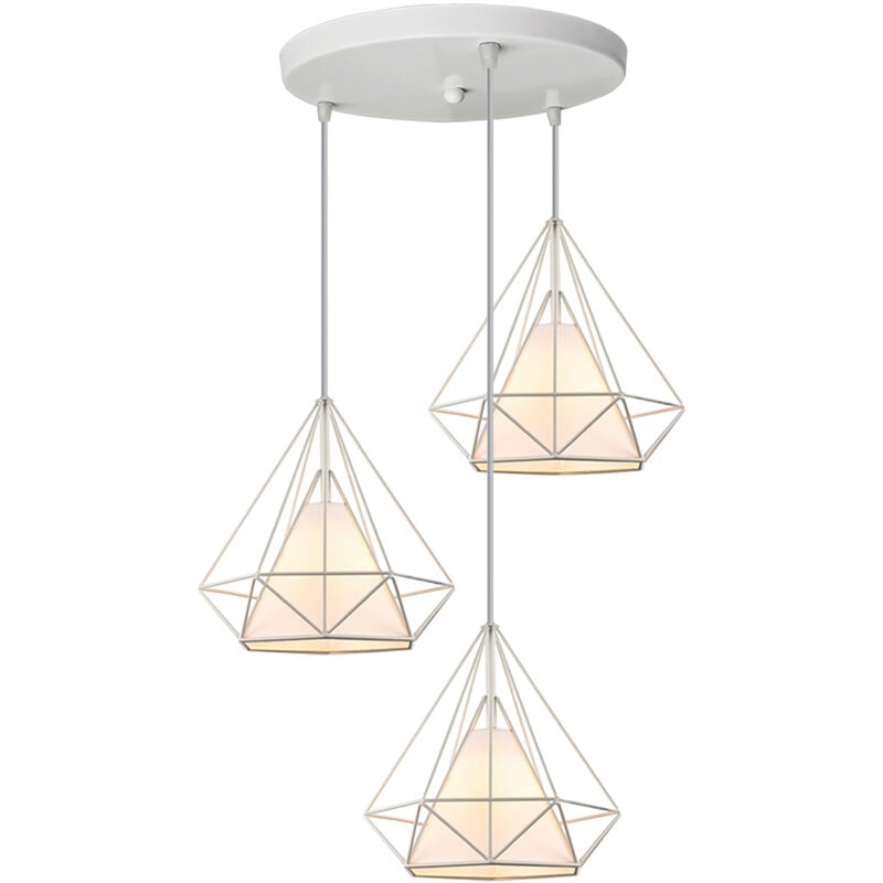 3 Lampes Suspension Vintage 25cm Lustre Suspension Fer Abat-jour en Forme Diamant Luminaire Salle à Manger Chambre Salon Blanc