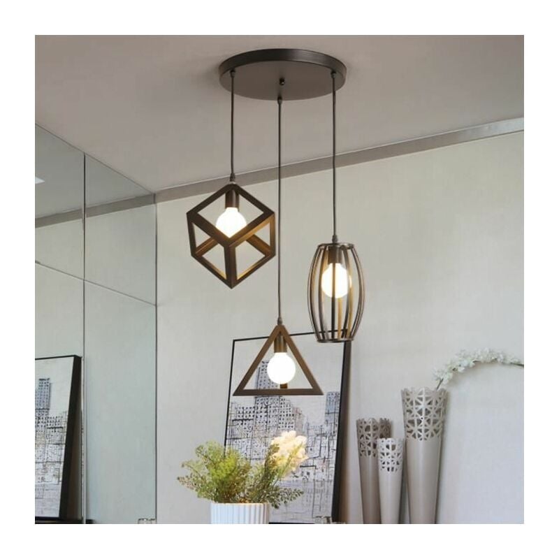 Fei Yu - Suspension industrielle rétro cage en 3 forme différentes, Lustre abat-jour vintage E27 luminaire E27 Noir pour Restaurant Terrasse Salons