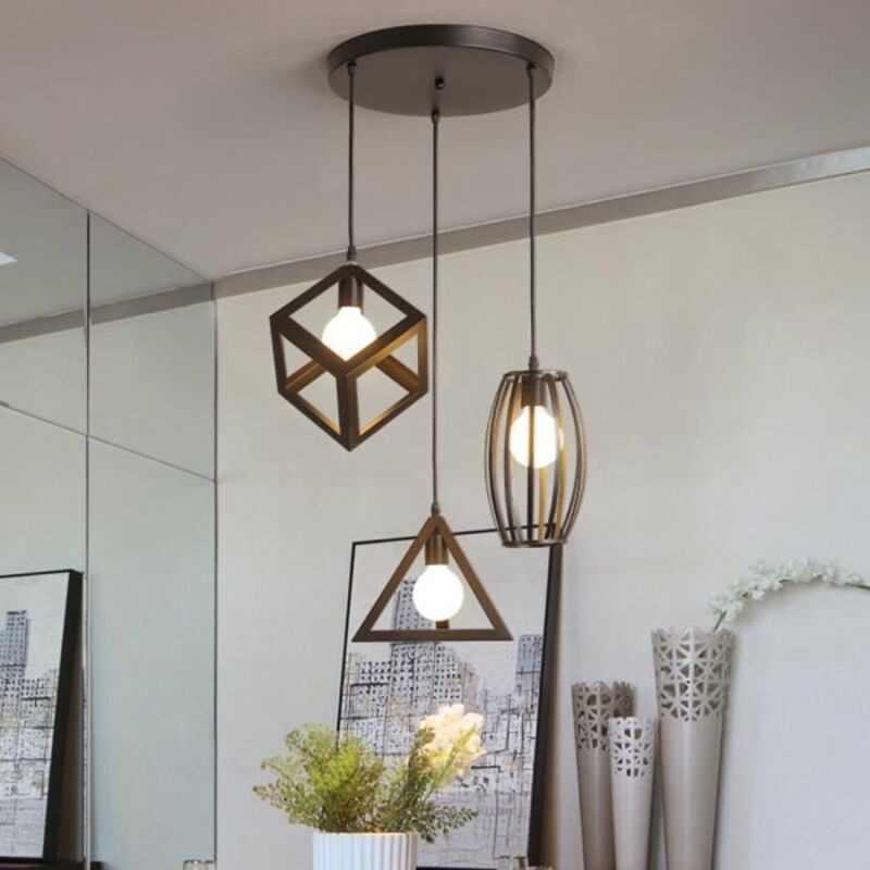 Stoex – Suspension industrielle rétro E27 noir – 3 formes : cube, triangle, tambour – Hauteur ajustable 100 cm – Pour restaurants et salons