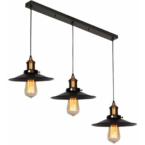 Suspension industrielle vintage luminaire abat-jour 22cm , rétro lustre en métal fer lampe plafonnier corde ajustable E27 Noir