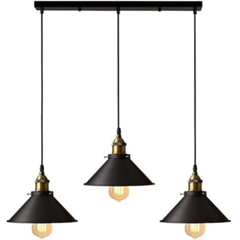 Suspension industrielle vintage luminaire abat-jour 22cm , rétro lustre en métal fer lampe plafonnier corde ajustable ,E27 Noir