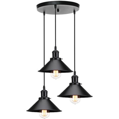 Suspension industrielle vintage luminaire en métal fer , rétro lustre lampe plafonnier corde ajustable pour cuisine salle à manger salon bar, Noir
