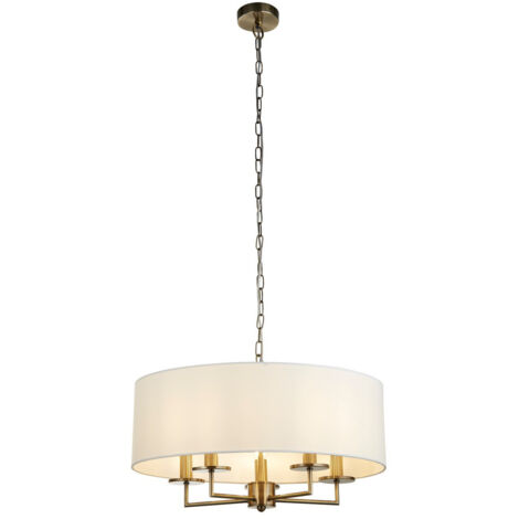 Suspension KNIGHTSBRIDGE 5L laiton antique avec abat-jour en lin blanc E14 5x60w diamètre 55cm hauteur 120cm