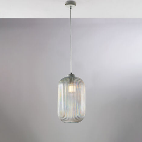 Suspension Krizia Fer Blanc, Câble Réglable, Verre Soufflé Transparent Décor Surélevé, 1 Lumière, Design Classique