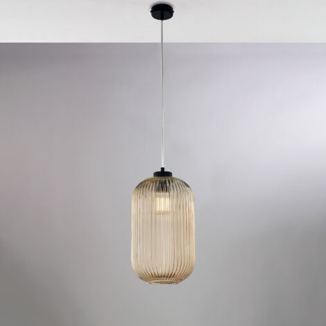 Suspension Krizia Fer Noir, Câble Réglable, Verre Soufflé Ambré Décor Surélevé, 1 Lumière, Ambiance Chaleureuse